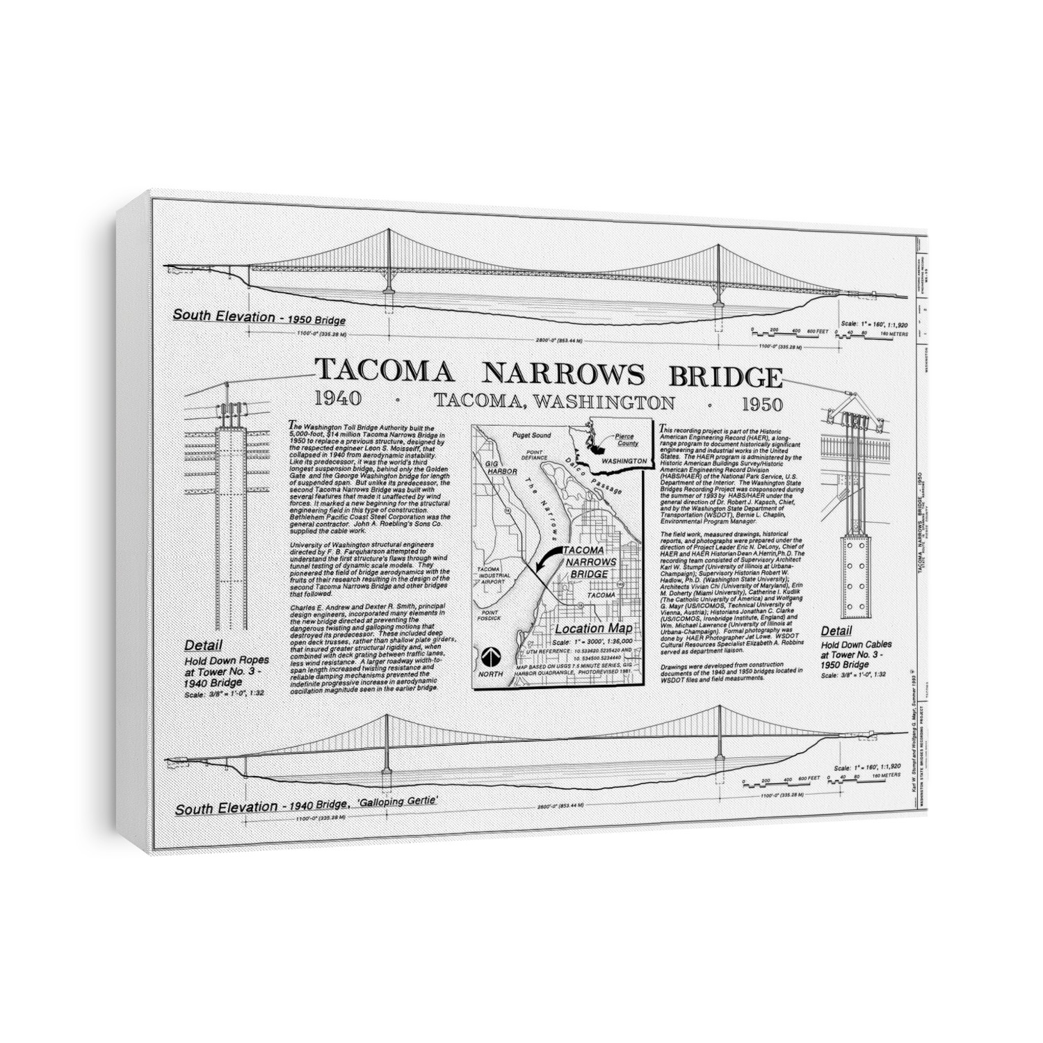 Tacoma Narrows bridges compared. Diagrams and text prepared by the Historic American Engineering Record (HAER) project in 1993 to document the differences between the two Tacoma Narrows bridges of 1940 (bottom) and 1950 (top). The 1940 bridge spanned 1810 metres across the Tacoma Narrows strait in Puget Sound, in the US state of Washington. It collapsed on 7 November 1940 due to aeroelastic flutter in gale-force winds. The replacement 1950 design included extra bracing, space for wind to pass through, and dampers, to prevent a repeat of the collapse. For the second set of diagrams, see C013/1945.