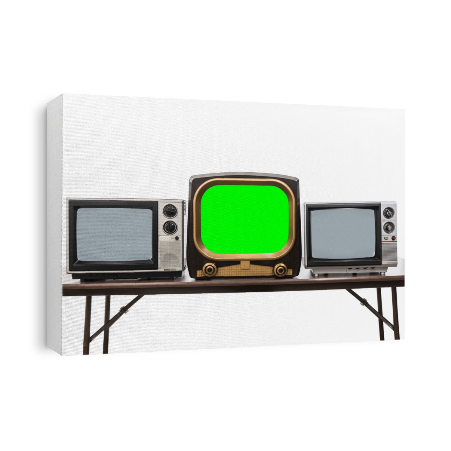 Vintage televisions isolated on white with chroma key green screen and clipping path.